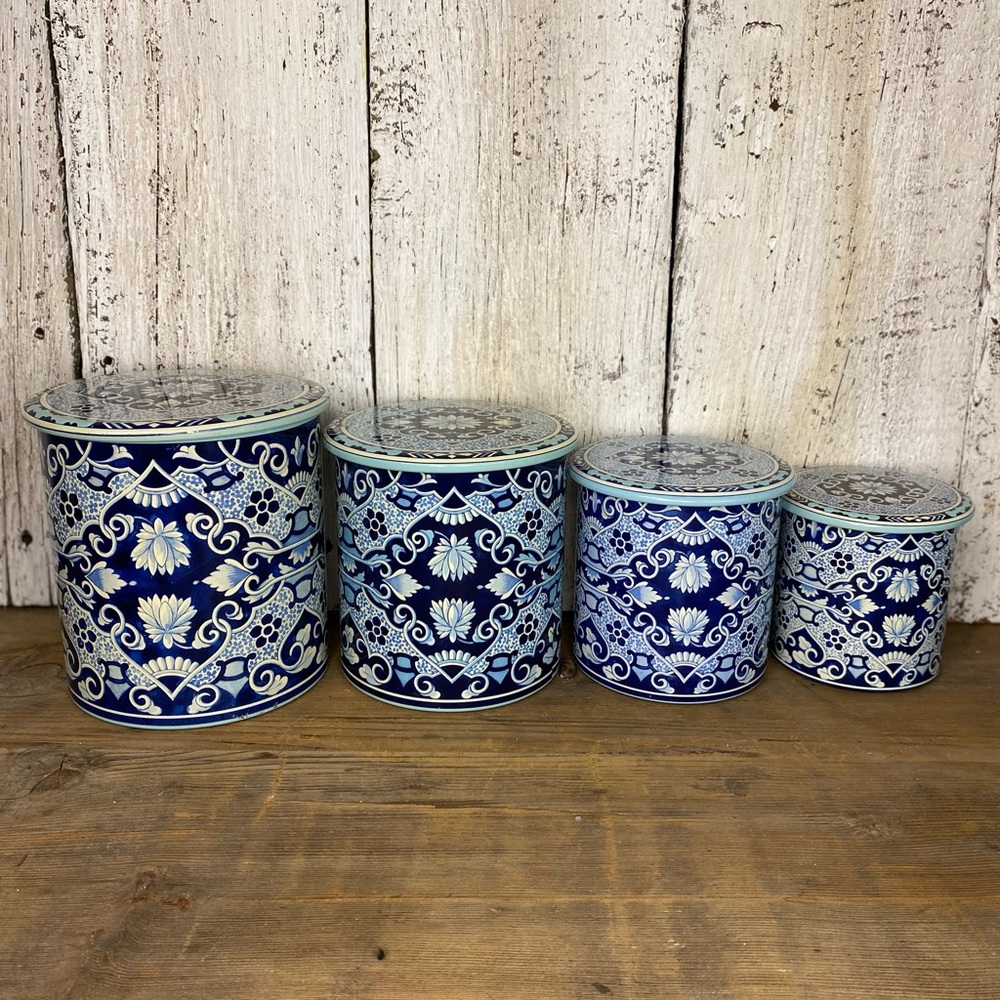 Vintage Blue and White Delft Metal Canisters - Picture 3 of 6